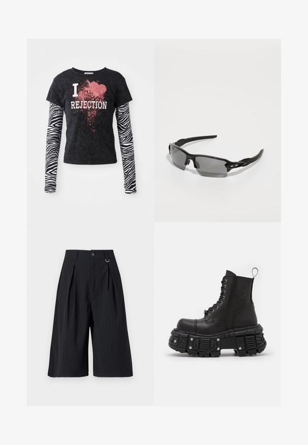 Schwarzes kurzärmliges T-Shirt mit weißem Schriftzug "I love REJECTION" und rotem Spritzdesign, kombiniert mit langen, zebragestreiften Ärmeln.; Schwarze Streifenshorts mit Falten, einem Knopfverschluss und einem metallenen Ringakzent. Glattes Gewebe mit maßgeschneiderter Passform und knielangem Design.; Schwarze Lederkampfstiefel mit hohem Schaft, Schnürverschluss, robuster Gummisohle und Metallakzenten an der Unterseite der Sohle.; Schwarze Sportsonnenbrille mit grauen Gläsern, geschwungenem Rahmendesign und Logodetail an der Seite. Hergestellt aus leichtem Kunststoffmaterial.