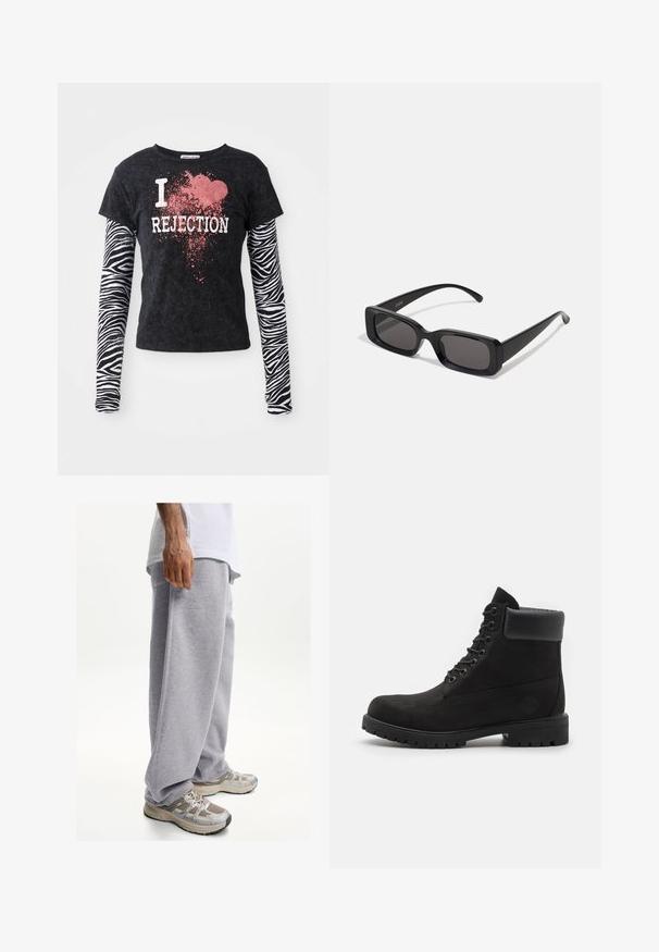 Schwarzes kurzärmliges T-Shirt mit weißem Schriftzug "I love REJECTION" und rotem Spritzdesign, kombiniert mit langen, zebragestreiften Ärmeln.; Graue Jogginghosen aus weichem Stoff, mit lockerer Passform und elastischem Bund. Kombiniert mit beigefarbenen und grauen Sport-Schuhen.; Schwarze geschnürte Knöchelboots mit gepolstertem Kragen und robustem Profil, im Profil vor einem weißen Hintergrund dargestellt.; Schwarze rechteckige Sonnenbrille mit dunklen Gläsern, glänzender Oberfläche, breiten Bügeln und einem klobigen Rahmen-Design. Gravierter Markenname auf einem Bügel.