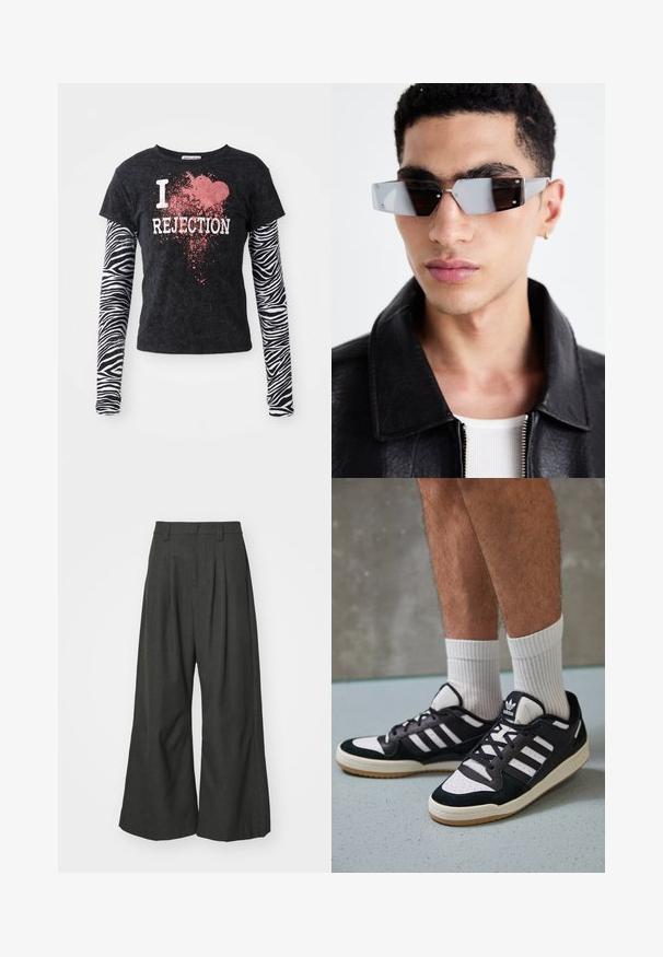 Sort kortermet t-skjorte med hvit tekst "I love REJECTION" og rødt sprutmønster, kombinert med lange ermer i zebrastribet mønster.; Jaded London GOLIATH TROUSER UNISEX - Bukse - grey; Sorte og hvite sneakers med overdel i semsket skinn og lær, med tre hvite striper, perforert tå og en såle av gummi.; Vinklet gråtonede solbriller med sølvhardware, satt mot en lys bakgrunn. Linsene har en unik geometrisk form.