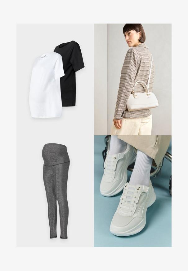 Kaks lühivarrukatega rasedust-särki: üks valge ja teine must. Mõlemad on valmistatud puuvillast, ümmarguse kaelusega ja mugava lõikega.; Rasedus leggings venivast metallikmustast kangast. Kõrge vöökoht mugavuse jaoks, sujuv istuvus jalgades ning sile tekstuur.; Valged spordijalatsid, millel on võrkmaterjal, kummitald, sidumata disain elastsete riba ja kuldsete detailidega.; Valge struktureeritud käekott lühikeste käepidemete ja õlavööga, millel on kuldse riistvara aktsendid ja tekstuuriga materjal, eksponeeritud halli taustal.