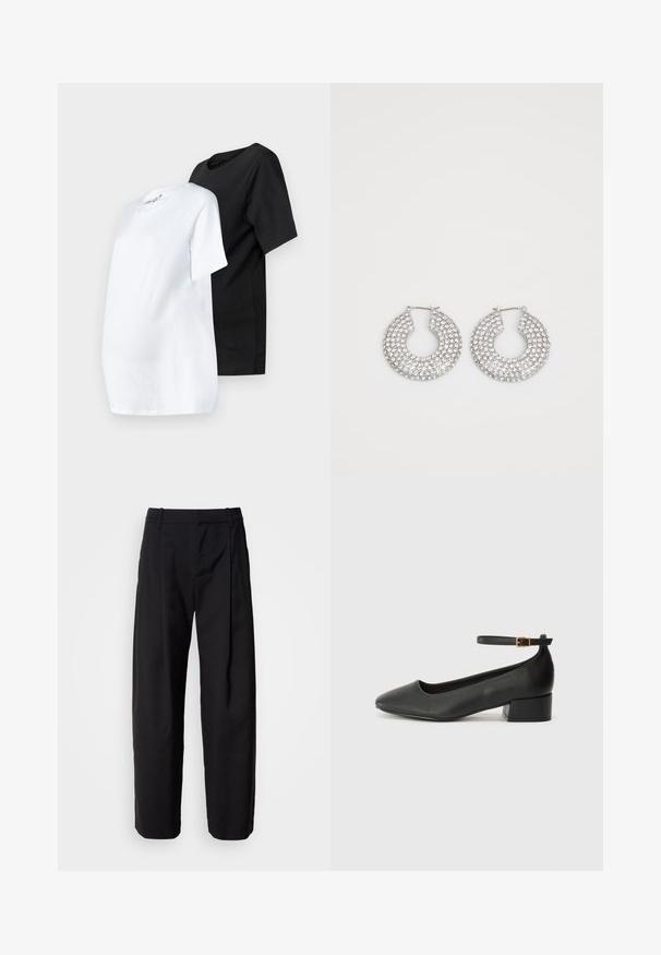 Kaks lühivarrukatega rasedust-särki: üks valge ja teine must. Mõlemad on valmistatud puuvillast, ümmarguse kaelusega ja mugava lõikega.; Mustad püksid, millel on lõdva lõikega istuvus, volditud esiosa ja vöökohad. Sile kangas ja sirged sääred, küljetaskud.; Must mustaapp, millel on terav nina ja madal blokk-kand. Omab pahkluu rihma koos kuldse tooni pandlaga. Sile tekstuur.; Hõbedased rõngaskõrvarõngad, millel on mitmeid selgeid kristallitoot.