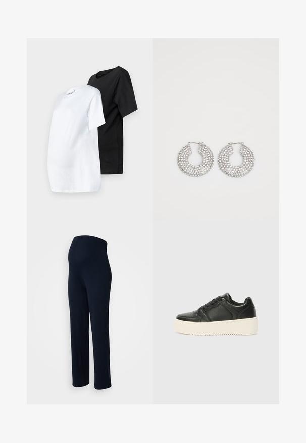 Dvě těhotenské trička s krátkým rukávem: jedno bílé a jedno černé. Obě jsou vyrobené z bavlny, mají kulatý výstřih a volnější střih.; Námořnické modré elastické kalhoty s hladkým povrchem, elastickým pasem a rovnými nohavicemi, bez viditelného kovového zapínání nebo vzorů.; Černé kožené tenisky s hladkým povrchem, silnou krémovou podrážkou, kulatou špičkou a klasickým šněrovacím designem. Jemné švy.; Stříbrné kruhové náušnice zdobené několika průhlednými krystalovými ozdobami, s texturovaným povrchem a otevřeným kruhovým designem.