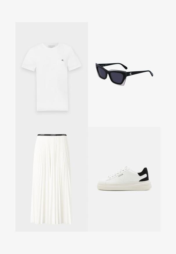 Hvid bomulds t-shirt med korte ærmer og rund halsudskæring. Har et lille sorte "ck" logo på venstre bryst. Glat tekstur.; Plisseret hvid nederdel med en sort elastisk talje, der har "LACOSTE"-logoet. Mellemlang design med blød tekstur.; Hvide lædersneakers med en tyk hvid sål, sort ruskindhælvægt og prægede logoer på siden. Snørebåndsdesign med seks øjer.; Store sorte oversized solbriller med geometrisk form, med mørke linser og en kontrasterende grå detalje på stellet. Logo på armen.