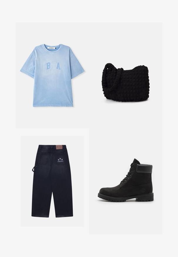 Camiseta de algodón azul claro con mangas cortas y cuello redondo. Presenta el texto bordado "IBIZA" en un azul ligeramente más oscuro. Textura suave.; Pantalones de mezclilla oscura con un ajuste holgado. Presenta dos bolsillos traseros, un parche de cuero con el logo y un diseño de cinco estrellas en uno de los bolsillos.; Botín negro con cordones hasta el tobillo, con cuello acolchado y suela resistente, mostrado de perfil sobre un fondo blanco.; Bolsa de tela negra con un patrón texturizado y acolchado. Forma redondeada, asas cortas y gruesas, y una estructura blanda y flexible.