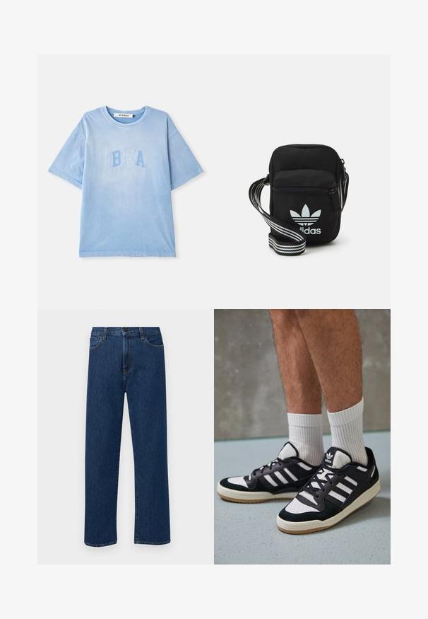 Šviesiai mėlynas medvilninis marškinėlis su trumpomis rankovėmis ir apvalia iškirpte. Papuoštas išsiuvinėtu žodžiu "IBIZA" šiek tiek tamsesne mėlyna spalva. Lygi tekstūra.; Tamsiai mėlynos tiesaus žandikaulio džinsai su priekinėmis kišenėmis ir mygtuko uždarymu, rodantys ant paprasto balto fono.; Juodos ir baltos sportinės bateliai su zomšiniu ir odiniu viršumi, su trimis baltomis juostelėmis, perforuota koja ir guminėmis padais.; Juodas audinio per petį nešiojamas krepšys su užtrauktuku, turintis baltą Adidas logotipą ir dryžuotą reguliuojamą diržą patogiam nešiojimui.
