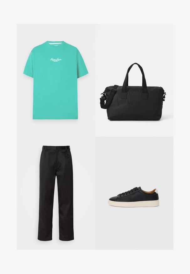 Žydrai žalia medvilninė marškinėliai su apvalia apykakle ir trumpomis rankovėmis. Ant krūtinės yra siuvinėtas baltas logotipas. Lygus, lengvas audinys.; Juodi kelniukai, pagaminti iš lygaus audinio, su užsegimu priekyje, raukšlėmis ir tiesiomis kojomis. Nėra matomų raštų ar akcentų.; Juodos odinės sportbačiai su lygiu paviršiumi, smėlio spalvos guminis padas, raišteliais užsegama konstrukcija ir kontrastingas kulno akcentas.; Juodas nailono kertinis krepšys su dviem viršutiniais rankenomis ir nuimamąja petine juostele. Yra iškilus logotipas ir lygus paviršius su užtrauktuku.