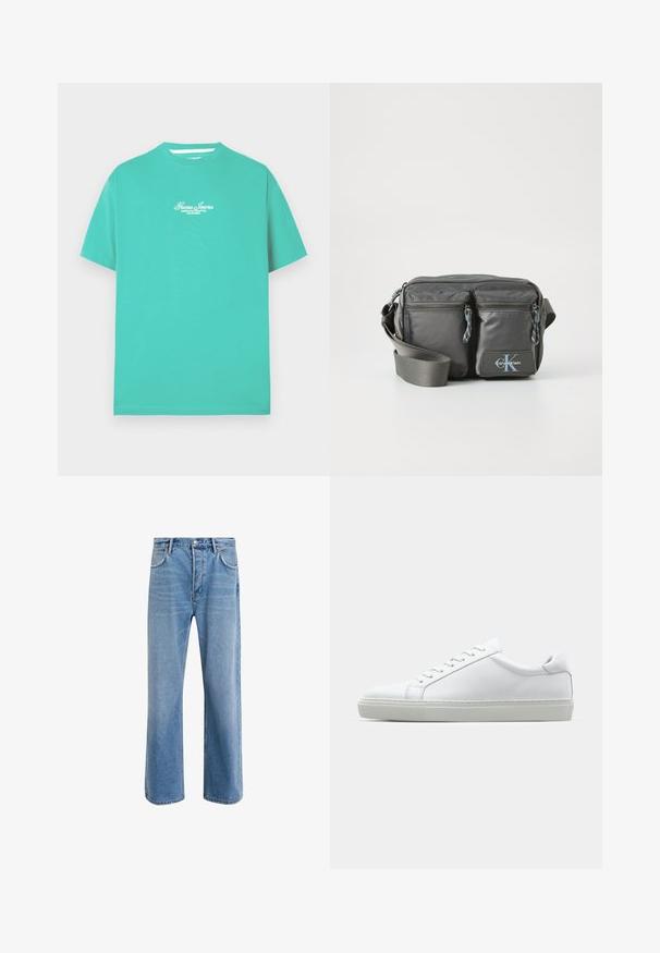 Turkizno bombažna majica z okroglim izrezom in kratkimi rokavi. Na prsih je bel izvezen logotip. Gladka, lahka tekstura.; Svetlo modre denim kavbojke s ravno nogavico, petimi žepi, z gumbom za zapiranje, minimalnim zbledelostjo in kontrastnimi šivi.; Bela športna obutev z gladkim usnjenim zgornjim delom in nizkim profilom. Ima zaokrožen nos, šest lukenj za vezalke in teksturiran gumijast podplat.; Siva najlon torbica preko ramena z dvema žepoma z zadrgo spredaj, nastavljivim trakom in logotipom. Gladka tekstura s sodobnim dizajnom.