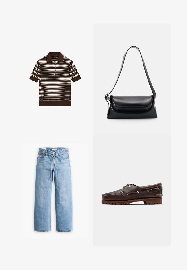 Brun polo-shirt med hvide vandrette striber, korte ærmer og en tre-knaps placket. Flad krave og ribbet kantdetalje.; Lysblå denim bukser med vid ben, høj talje, knap- og lynlåslukning samt snoretræk i taljen. Raflet kant.; Brune læder bådsko med gyldne øjer, runde snørebånd og en struktureret brun gummisål. Har quiltede detaljer og et forhøjet logo.; Sort læderhåndvask med en struktureret form, en glat overflade og en enkelt skulderrem. Har et subtilt, rundet klapdesign.