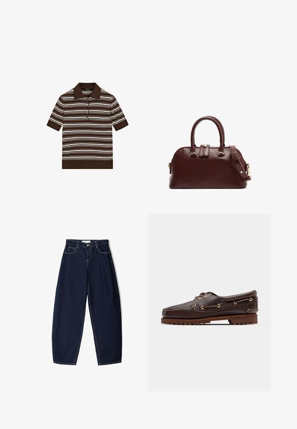 Brun polo-shirt med hvide vandrette striber, korte ærmer og en tre-knaps placket. Flad krave og ribbet kantdetalje.; Mørkeblå denimbukser med løs pasform, der har fem lommer, kontrasterende syninger og lynlåslukning foran.; Brune læder bådsko med gyldne øjer, runde snørebånd og en struktureret brun gummisål. Har quiltede detaljer og et forhøjet logo.; Bordeaux læder håndtaske med to top håndtag, aftagelig skulderrem, guld hardware detaljer og en afrundet form. Lynlås lukning.