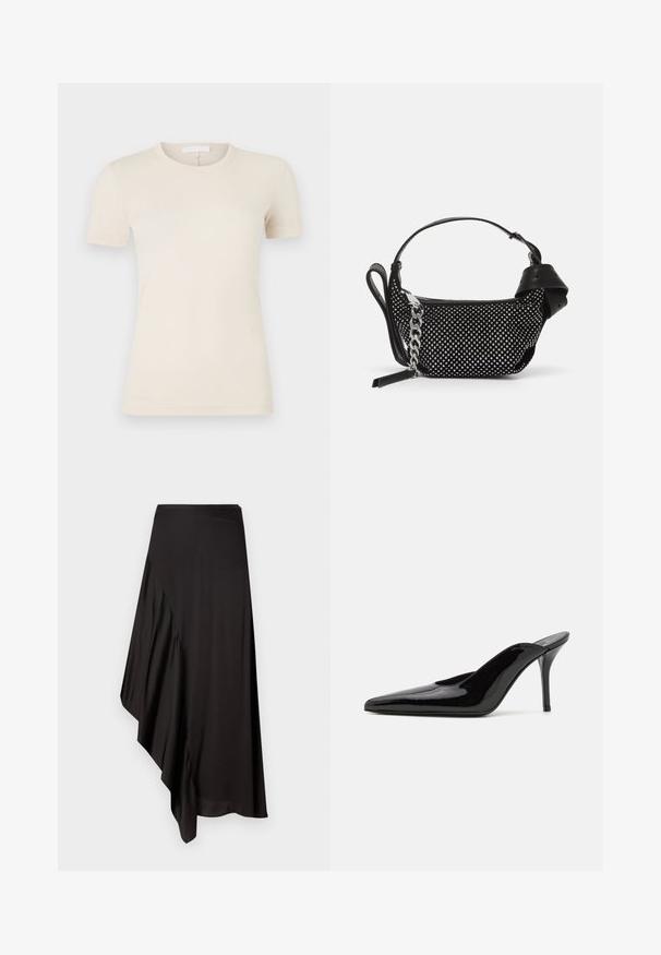 Svijetlosmeđi kratkotrajni majica s kratkim rukavima i okruglim izrezom. Glatka pamučna tkanina, uski kroj i mali logotip blizu donjeg ruba.; AERON ASTER SKIRT - Uska suknja - black; Crne lakirane kožne visoke potpetice mule s šiljastim prstom i elegantnom siluetom, s otvorenom poleđinom i vitkom stiletto potpeticom.; Crna torbica s ukrasima od studenaca, lančanim remenom i glatkom kožnom drškom, zaobljenog oblika i zatvorenim odjeljkom na zip.