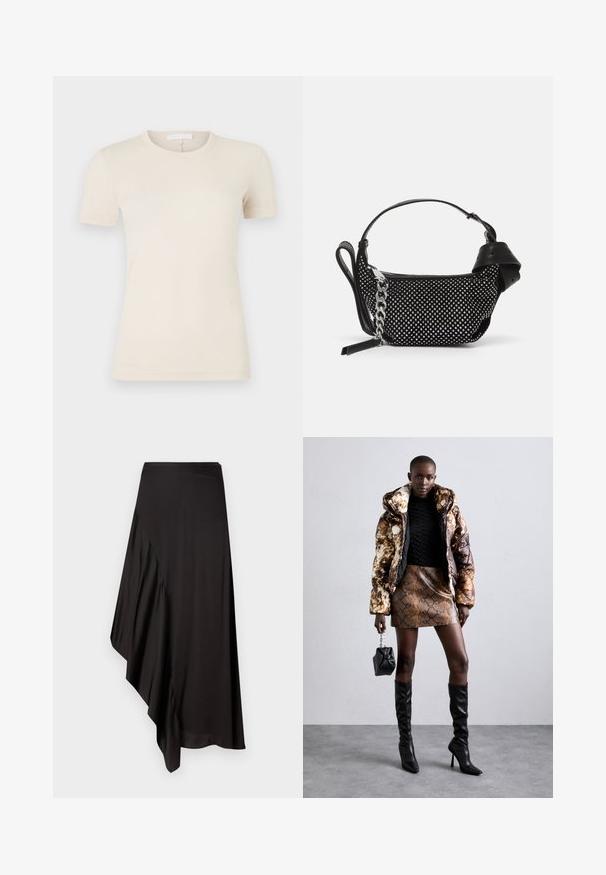 Light beige short-sleeve t-shirt with a crew neck. Smooth cotton fabric, slim fit, and a small logo detail near the hem.; AERON ASTER SKIRT - Pencil skirt - black; Puffer jacket with a brown and black pattern, paired with a brown snake print mini skirt, black knee-high boots, and a small black bag.; Black handbag with a textured design, adorned with silver studs and a chunky silver chain strap. Features a sleek, minimalist shape.