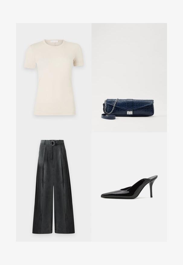 Šviesiai rusvas trumpas rankovėmis marškinėliai su apvalia iškirpte. Lygus medvilnės audinys, siauras siluetas ir nedidelis logotipas netoli siūlės.; Platus kojų kelnes tamsiai pilkos spalvos, su lygiu paviršiumi, klostėmis ir diržu su sidabriniu sagtimi aukšto liemens.; Juodas lakinės odos aukštakulnis sandalai su smailiu nosiu ir elegantiška siluetu, turintys atvirą nugarą ir ploną stiletą.; Tamsiai mėlynas odinis rankinukas su krokodilo raštu, sidabro spalvos grandinėlė ir metalinis užsegimas. Stačiakampio formos, užlenkiamas dizainas.