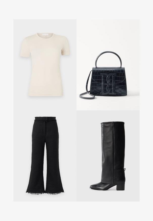 Svijetlosmeđi kratkotrajni majica s kratkim rukavima i okruglim izrezom. Glatka pamučna tkanina, uski kroj i mali logotip blizu donjeg ruba.; Crne široke hlače s teksturiranom tkaninom, nazubljenim rubom i elastičnom strukom. Dizajn se odlikuje glatkom završnicom i opuštenim krojem.; Crne kožne čizme do koljena s glatkom površinom, četvrtastim vrhom, blok petom i detaljem za vezanje sa strane koji omogućuje prilagodbu veličine.; Crna torba od krokodilne kože s uzorkom, strukturiranog dizajna, gornjom ručkom, podesivom trakom i istaknutim logotipom sprijeda.