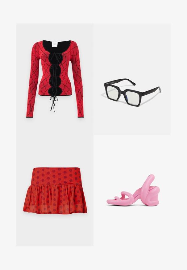 Rød strikket langærmet top med diamantmønster, sorte accenter, bådudskæring og snøre detalje foran med bindebånd.; Rød flæse-nederdel med sorte prikker, lavet af letvægtsstof. Har en tætsiddende talje og lagdelt design.; Lyserøde skulpturelle højhælede sandaler med en bølget design og en kraftig hæl, lavet af glat plast med udskæringer i tåområdet.; Sorte firkantede solbriller med mat finish, udstyret med transparente linser og en svag blå nuance på den ene side. Robust, vinkelret design.