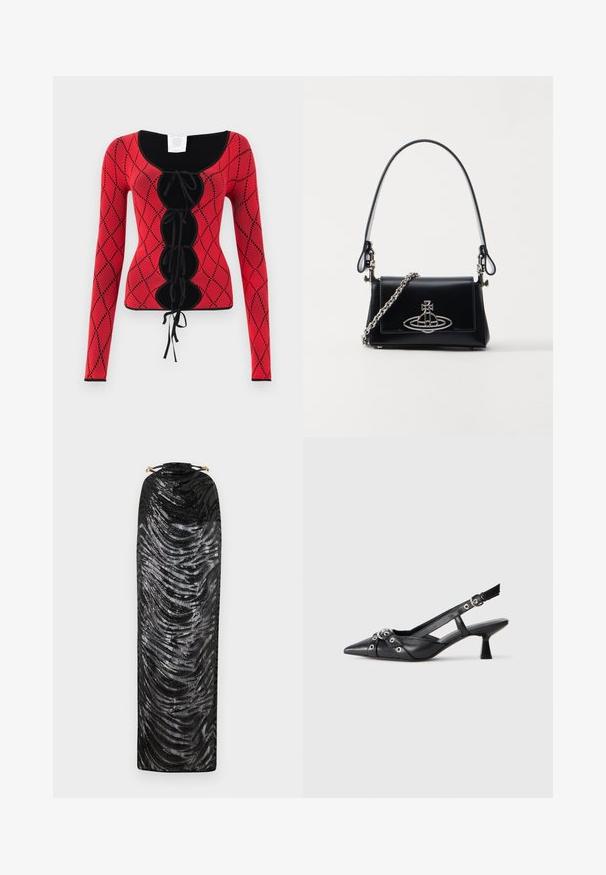 Punane kudumisest pikkade varrukatega topp, millel on teemantmuster, mustad aktsendid, ümmargune kaelus ja ees lööri detaili sidumisvõimalus.; Mustmustaga õhtukleit kohevate mustritega, millel on litrid, kõrge kaelus ja kuldsete aktsentidega nööriga sulgur.; Must must have must toote tõmblukuga, dekoratiivsed rihmad metallist silmadega ja madal blokk-kand. Tekstureeritud pind.; Mustast nahast käekott struktureeritud disainiga, hõbesulamiga ahel käepide ja silmapaistev metallist logo esiküljel. Sile tekstuur.