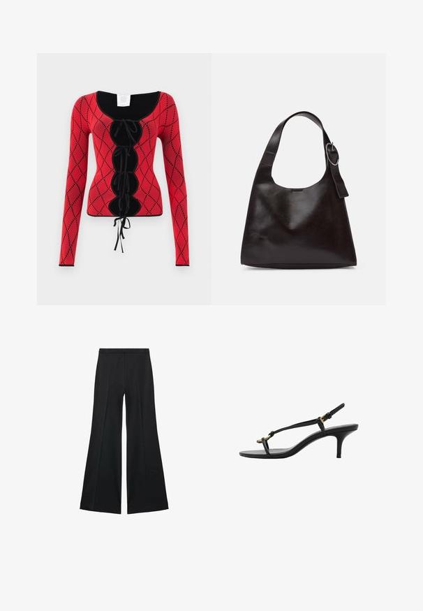 Rotes, gestricktes Langarm-Oberteil mit einem Rautenmuster, schwarzen Akzenten, einem rund ausgeschnittenen Halsausschnitt und einer Schnürung auf der Vorderseite mit Bändern.; Schwarze weit geschnittene Hose mit glatter Textur, ausgestattet mit Frontfalten und einem taillierten Design. Der Stoff ist leicht und fließend.; Schwarze Leder-Kitten-Heel-Sandale mit dünnen Riemen, goldener Schnalle und minimalistischer Zehen-Schlaufe vor einem weißen Hintergrund.; Braune Lederumhängetasche mit glatter Textur, runder Form, breitem Tragegurt und metallischem, kreisförmigem Akzent am Griff.