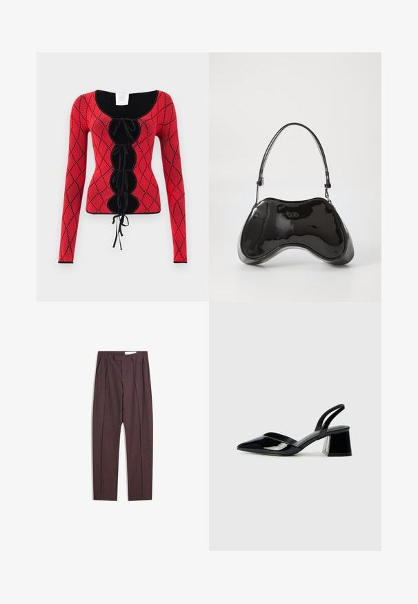 Rød strikket langærmet top med diamantmønster, sorte accenter, bådudskæring og snøre detalje foran med bindebånd.; Lilla stribede bukser med plisseringer, der har høj talje og lige ben. Fremstillet af et glat, tekstureret stof.; Sorte patentlæder slingback hæle med spids tå og en geometrisk blok hæl. Har et elegant, minimalistisk design og en glat tekstur.; Sort patentlæder håndtaske med en unik buet form, kort justerbar hank og en lynlåslukning i toppen. Glat tekstur med diskret branding.