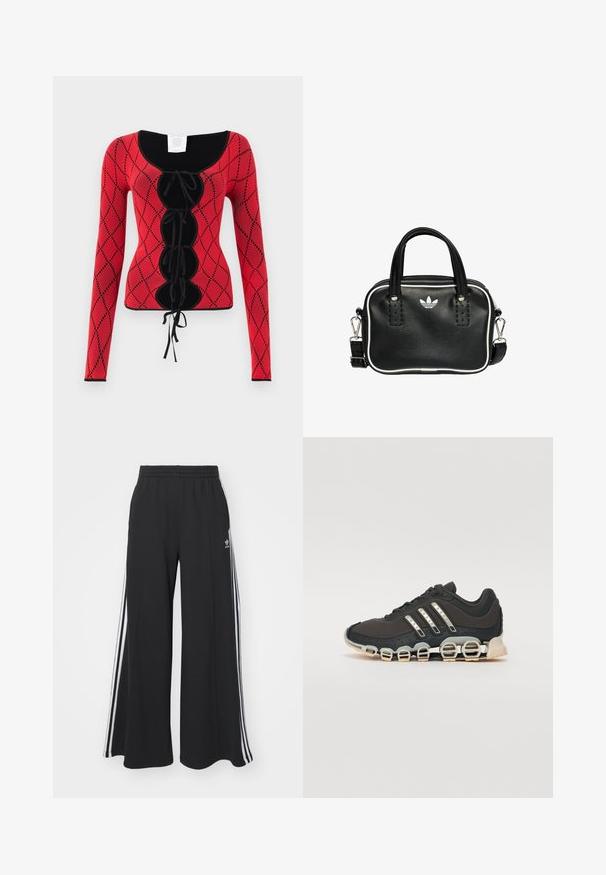 Red knitted long-sleeve top featuring a diamond pattern, black accents, a scoop neckline, and a front lace-up detail with ties.; Black wide-leg sweatpants with an elastic waistband, featuring white side stripes and an embroidered logo on the left thigh.; Black athletic shoe with a textured upper, three silver stripes, and a distinctive cushioning sole featuring multiple integrated sections.; Black leather handbag with two short handles, silver hardware, white accents, and a white logo. Features a textured surface and compact design.