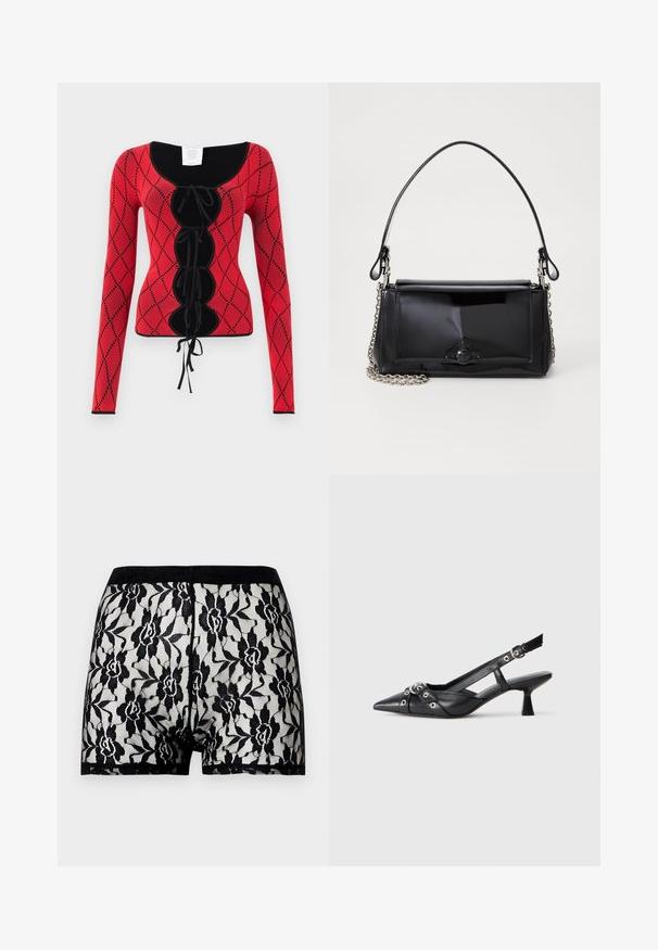 Rode gebreide top met lange mouwen, voorzien van een diamantpatroon, zwarte accenten, een ronde halslijn en een vooraan liggende vetersluiting met strikjes.; Zwarte kantshorts met een bloemenpatroon en een contrasterende effen zwarte tailleband. Transparant ontwerp met een zachte textuur, merkbaar tot halverwege de dij.; Zwarte leren slingback schoen met een puntige neus, decoratieve banden met metalen oogjes en een lage blokhak. Textuur oppervlak.; Zwart gepatineerd leren handtas met een rechthoekige vorm, kettingband en een opvallend hardwareaccent in het midden. Gladde textuur.