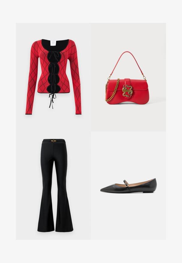 Punane kudumisest pikkade varrukatega topp, millel on teemantmuster, mustad aktsendid, ümmargune kaelus ja ees lööri detaili sidumisvõimalus.; Mustad laiad püksid siledast kangast, millel on rõhutatult keha järgivad vööd ja ees kuldne ringikujuline aksessuaar. Valmistatud venivast materjalist.; Musthave mustanahkased balletkingad terava varbaga ja külgrihmaga, millel on ümmargune kuldne aksessuaar. Kerged ja tasase tallaga.; Punane nahast käekott, millel on kaarjas kuju, kuldne ahelriba ja maduga kaunistatud lukustus. Sile tekstuur koos peenete õmblustähtedega.