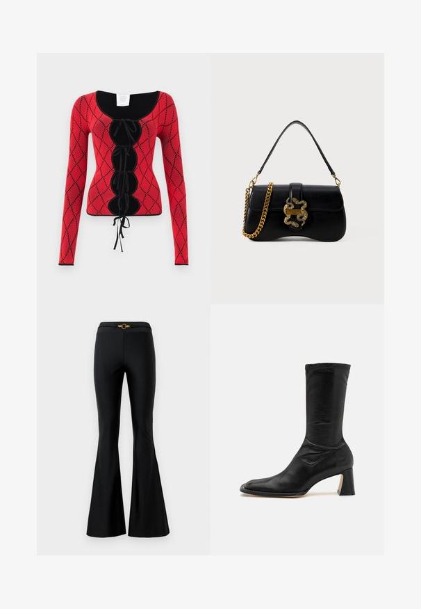 Haut à manches longues en tricot rouge avec un motif en losanges, des accents noirs, un col rond et un détail à lacets à l'avant avec des liens.; Pantalons évasés noirs avec une texture lisse, dotés d'une taille ajustée et d'un accent circulaire doré à l'avant. Fabriqués dans un matériau extensible.; Bottine en cuir noir avec tige ajustée, bout pointu et talon épais. Présente une texture lisse et un minimum de détails de couture.; Sac à main en cuir noir avec une forme courbée, accent serpent doré et bandoulière chaîne. Comprend un fermoir à rabat avec une plaque logo métallique.