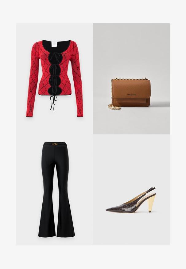 Haut à manches longues en tricot rouge avec un motif en losanges, des accents noirs, un col rond et un détail à lacets à l'avant avec des liens.; Pantalons évasés noirs avec une texture lisse, dotés d'une taille ajustée et d'un accent circulaire doré à l'avant. Fabriqués dans un matériau extensible.; Talons slingback à bout pointu en simili cuir crocodile marron foncé brillant. Présente un talon géométrique doré et une sangle ajustable à la cheville.; Sac en cuir texturé marron en bandoulière avec une sangle en chaîne dorée et une fermeture à rabat. L'avant présente un détail de logo et une poche sous le rabat.