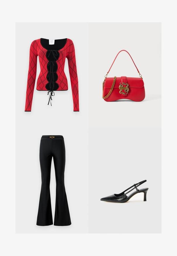 Červený pletený sveter s dlhým rukávom, ktorý má diamantový vzor, čierne akcenty, okrúhly výstrih a predné šnurovanie s viazaním.; Čierne rozšírené nohavice s hladkým povrchom, ktoré majú priliehavý pás a zlatý okrúhly akcent vpredu. Vyrobené z elastického materiálu.; Čierne patentové slingback topánky na ihlovom podpätku s špicatou špičkou, s textúrovaným hadím vzorom, nastaviteľným popruhom a krátkym, textúrovaným blokovým podpätkom.; Červená kožená kabelka so zakriveným tvarom, zlatým reťazovým popruhom a sponou ozdobenou hadím vzorom. Hladký povrch s jemnými detailmi šitia.
