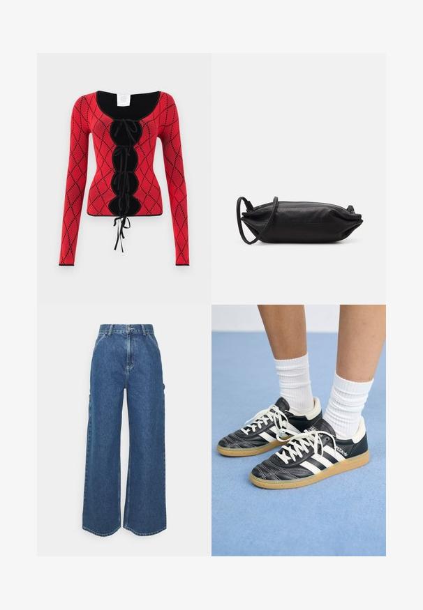 Top lungo a maniche lunghe lavorato a maglia rossa, caratterizzato da un motivo a diamante, dettagli neri, scollatura a girocollo e un laccio anteriore con fiocchi.; Pantaloni in denim blu a gamba larga con vita alta, cuciture a contrasto e tasche laterali, caratterizzati da un classico design a cinque tasche e orli grezzi.; Sneaker in pelle nera con strisce bianche, punta rotonda, lacci bianchi e suola in gomma. Menzionate del collare imbottito e dettagli del marchio.; Borsa a tracolla nera in pelle, di forma rettangolare, con una texture liscia, una sottile tracolla e un design minimalista.