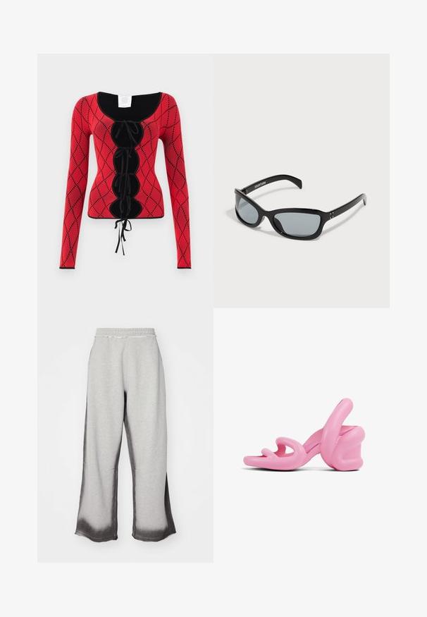 Rotes, gestricktes Langarm-Oberteil mit einem Rautenmuster, schwarzen Akzenten, einem rund ausgeschnittenen Halsausschnitt und einer Schnürung auf der Vorderseite mit Bändern.; Graue Sweatpants mit strukturiertem Finish, das einen allmählichen dunkelgrauen Farbverlauf am Saum aufweist, elastischem Bund und weitem Beinschnitt.; Rosa skulpturale High-Heelsandalen mit wellenförmigem Design und Blockabsatz, aus glattem Kunststoff gefertigt und mit Ausschnitten im Zehenbereich.; Schwarze Sonnenbrille mit einem eleganten, kantigen Design. Verfügt über graue Gläser und glänzende Kunststoffrahmen. Enthält kleine Metallakzente und Branding am Bügel.