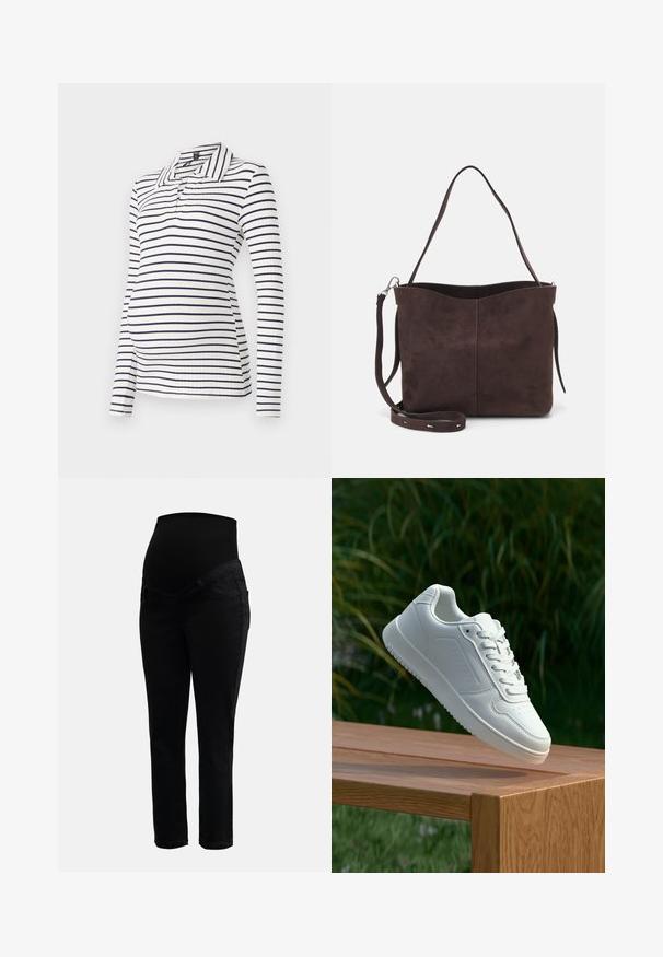 Polo a maniche lunghe per maternità con strisce orizzontali bianche e blu navy, texture a coste e colletto con mezza patta di bottoni.; Jeans da maternità neri con vita alta elastica e gamba slim-fit, progettati per comfort e supporto durante la gravidanza.; Sneaker bianco con tomaia in sintetico liscio, punta perforata, lacci piatti e suola testurizzata, esposto su una superficie di legno.; Borsa a spalla in suede marrone con una texture morbida, caratterizzata da una singola tracolla e un'apertura superiore leggermente curvata. Nessun dettaglio hardware visibile.