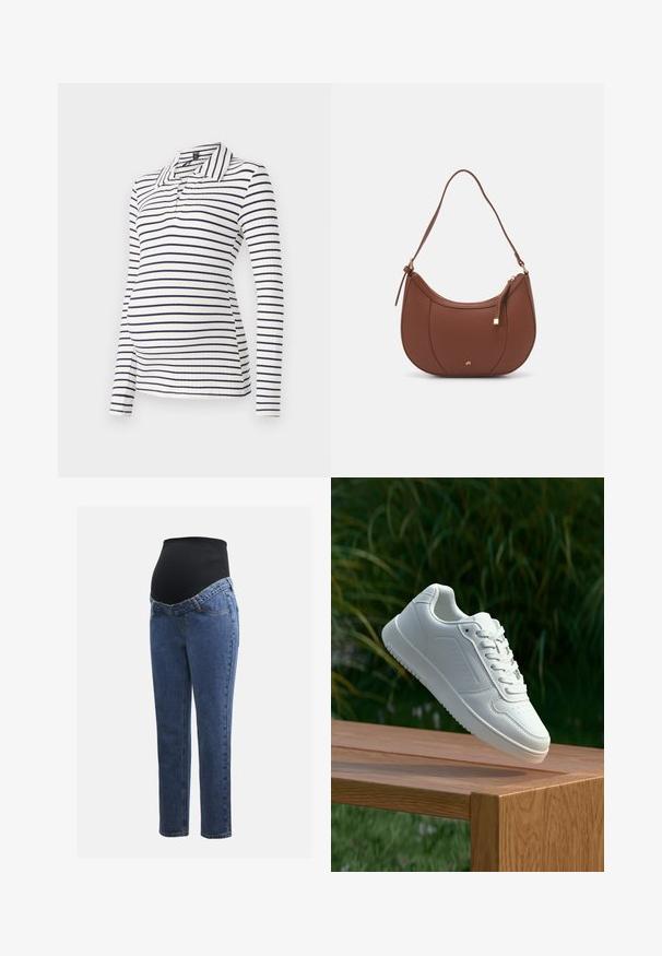 Matična polo majica s dolgimi rokavi, ki se ponaša z belimi in mornarsko modrimi vodoravnimi črtami, rebrasto teksturo ter ovratnikom s pol gumbi.; Maternitetaške hlače z modrimi denim hlačnicami in črnim raztegljivim trebušnim panelom, zasnovane za podporo in pokrivanje rastočega trebuha.; Bela teniska s gladkim sintetičnim zgornjim delom, perforiranim prednjim delom, ravnimi vezalkami in teksturiranim podplatom, prikazana na leseni površini.; Rjava usnjena torbica z ramenskim ročajem, ukrivljene oblike, minimalnim šivom in zlato-tonirano kovinsko dekoracijo. Ima zgornje zapiranje na zadrgo in nastavljiv trak.