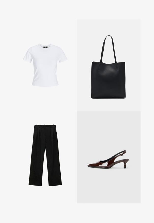 White short-sleeve t-shirt with a round neckline, made of cotton material, featuring a fitted silhouette and a black brand label inside the collar.; Black wide-leg trousers with pleats, featuring a smooth texture and a high waist design. Minimalist style, no visible hardware or embellishments.; Brown patent leather slingback shoe with a pointed toe and a moderate heel. Features a buckle strap for secure fit. Smooth texture.; Black leather tote bag with smooth texture, rectangular shape, and two long handles. No visible hardware or embellishments.