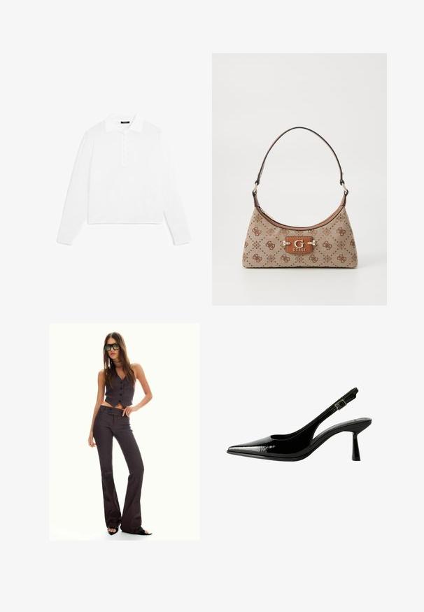 Bílá polokošile s dlouhým rukávem, která má límec, knoflíkovou légu a žebrované manžety, je vyrobena z měkké a lehké látky.; Hnědý pruhovaný zkrácený vest a rozšířené kalhoty, s knoflíky a texturovanou látkou. Černé otevřené boty na podpatku a oversized sluneční brýle.; Černé lakované kožené lodičky na podpatku s špičatou špičkou, výřezy na stranách, nastavitelným páskem kolem kotníku a tenkým, elegantním podpatkem.; Plátěná taška v béžové barvě s hnědými vzorovanými akcenty. Má zakřivený tvar, jeden popruh a na přední straně logovou destičku se stříbrným kováním.