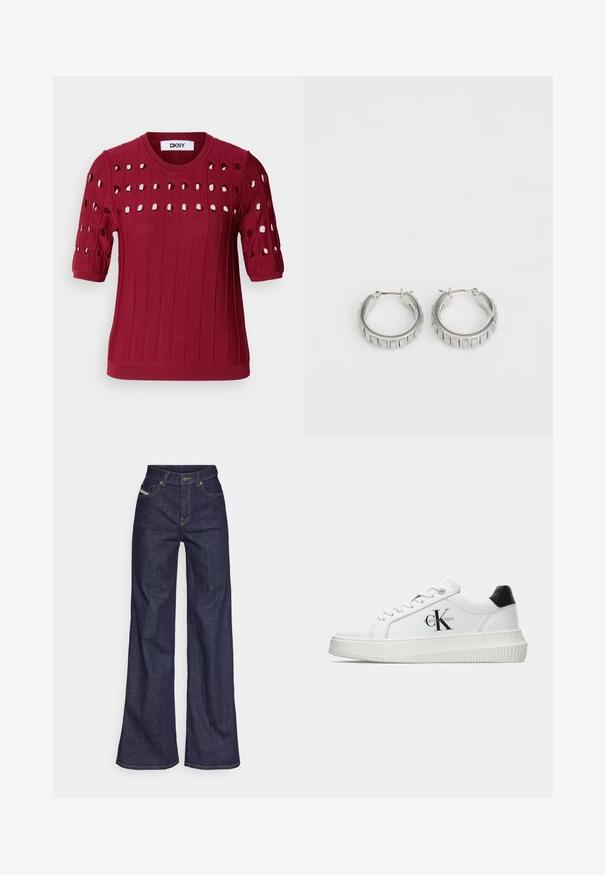 Punane kudumiste särk lühikeste varrukatega, millel on sooniktekstuur ja avatud augud, mis moodustavad mustri rinnal ja varrukatel.; Tumedates sinised laiad teksad denimpesus, kõrge vöökohaga, mis on varustatud oranžide õmblustega, viie-taskulise disaini ja nööbiga kinnitusega.; Valge madalate sokkidega jooksutoss, millel on must konts, platvormi tallad, paelad ja Calvin Kleini "CK" logo küljel.; Hõbedased rõngassõrmed tekstureeritud disainiga, kus on vertikaalsed sooned. Ümmargune kuju ja kindel lukustus. Sile viimistlus.