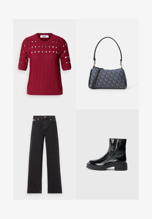 Suéter vermelho de malha, com mangas curtas, apresentando uma textura canelada e orifícios abertos em um padrão ao longo do peito e das mangas.; Jeans de perna larga pretos feitos de denim, apresentando uma cintura alta, estilo de cinco bolsos e um fecho em botão de metal com costura contrastante.; Botas de tornozelo pretas com acabamento em pele envernizada brilhante, sola de borracha preta robusta e salto elevado; inclui um detalhe discreto do logótipo na lateral.; Bolsa de padrão azul feita de tecido, com um formato curvo, alça de couro preto e design de logotipo em uma tonalidade mais clara.