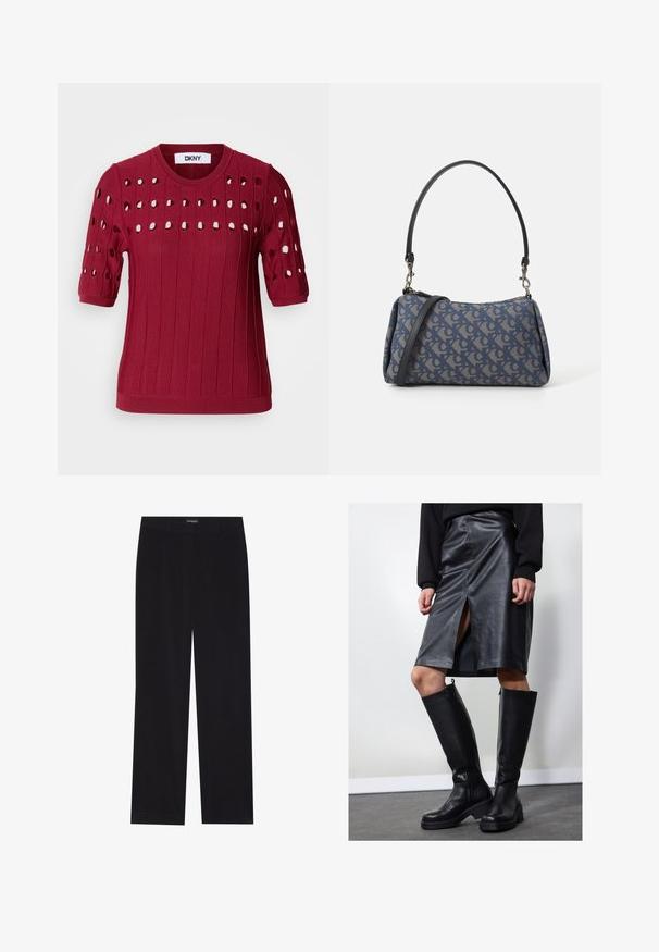 Suéter vermelho de malha, com mangas curtas, apresentando uma textura canelada e orifícios abertos em um padrão ao longo do peito e das mangas.; Calças de veludo cotelê pretas com corte reto, apresentando uma cintura lisa e sem bolsos visíveis, textura suave e detalhe de riscas verticais.; Saia lápis preta de couro com fenda frontal, combinada com botas pretas até ao joelho com fechos de correr e sola robusta para dar mais altura.; Bolsa de padrão azul feita de tecido, com um formato curvo, alça de couro preto e design de logotipo em uma tonalidade mais clara.