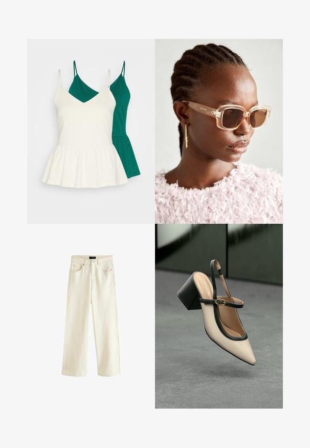 Dvě tílka v zelené a bílé barvě. Bílé tílko má výstřih do V a peplum lem, zatímco zelené tílko má rovný střih. Obě jsou bez rukávů.; Kalhoty s širokými nohavicemi v světle béžovém denimu, vybavené zapínáním na knoflík, pěti kapsami a hladkou texturou. Jednoduchý a moderní design.; Beige boty s špičatou špičkou a otevřenou patou, černými detaily, zlatou přezkou a silným blokovým podpatkem, na šedé podlaze s tmavě zeleným pozadím.; Béžové oversized sluneční brýle s transparentním rámem a hnědými skleněnými čočkami, které mají jemné květinové detaily a výrazný, geometrický design.