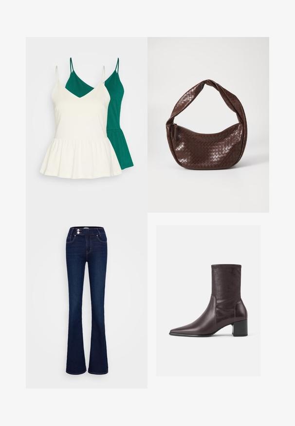 Dve topy na ramienka v zelenej a bielej farbe. Biely top má výstrih do V a peplum lem, zatiaľ čo zelený top má lineárny strih. Obe sú bez rukávov.; Tmavomodré zvonové džínsy s vysokým pásom, dvoma prednými vreckami a dvoma gombíkovými zapínaniami. Vyrobené z denimu s hladkou textúrou.; Burgundské členkové topánky vyrobené z hladkej kože s špicatou špičkou a blokovým podpätkom. Svršok je štíhly a tesný, siaha až po stred lýtok.; Hnedá tkaná kožená kabelka s zakrivenou, uzlovou rukoväťou a zipsovým uzatvorením. Hladký povrch a zaoblený tvar.