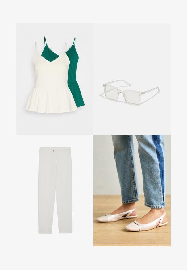 Två linnen i grönt och vitt. Det vita linnet har en V-urringning och en peplumslutning, medan det gröna linnet har en rak skärning. Båda är ärmlösa.; Vita, skräddarsydda byxor med rak benform, med knappstängning, bältesslingor och sidofickor; mjuk tygtextur.; Ljust rosa slingback-lägenheter med spetsig tå, tillverkade av ett slätt läderliknande material. Har utskurna detaljer på sidorna och en platt häl.; Klart plastfyrkantiga glasögon med genomskinliga linser, med guldfärgade detaljer på bågarna för extra stil.; Vitt läderhandtag med dubbla handtag och en avtagbar rem, med en framsidans dragkedjeficka och slät textur. Bärs på en persons arm.