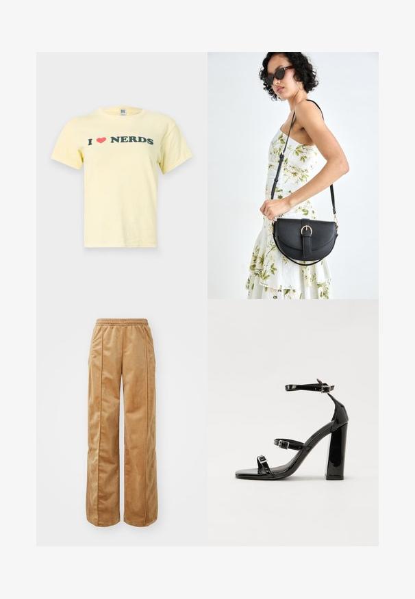 BDG Urban Outfitters BABY TEE - T-shirts med print - yellow; Beige vide bukser laget av mykt, fløyelsaktig materiale. Har elastisk midje og vertikale sømmer foran for ekstra detaljer.; Svart høyglans sandaler med hæl, firkantet tå, ankelremmer og sølvspenner. Har en kraftig blokkhæl for stabilitet.; Svart lærveske med en buet form, avtagbar stropp og gullbeslag. Vesken har et klaff med spenne-detall.