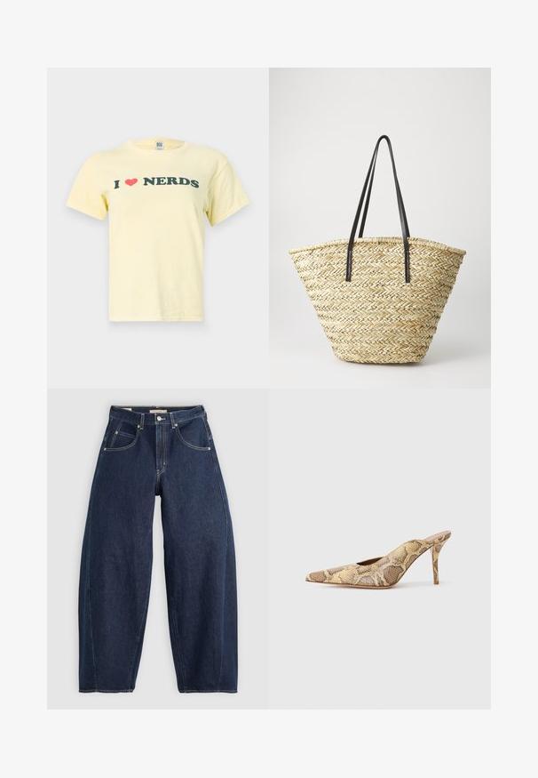 BDG Urban Outfitters BABY TEE - Marškinėliai su spaudiniu - yellow; Tamsiai mėlyni džinsai su laisvu pritaikymu, šviesiu siuvimu, penkiomis kišenėmis ir mygtuko užsegimu liemenyje.; Aštrių pirštų slingback aukštakulniai su tekstūruotu gyvatės raštu, kurie turi neutralias kremines ir rudas spalvas; su stiletto kulnu ir išpjovomis šoninėse dalyse.; Audimo šiaudinis krepšys su plačia, siaurėjančia forma, turintis dvi juodas odines rankenas. Natūralios smėlio spalvos su tekstūruotu paviršiumi.