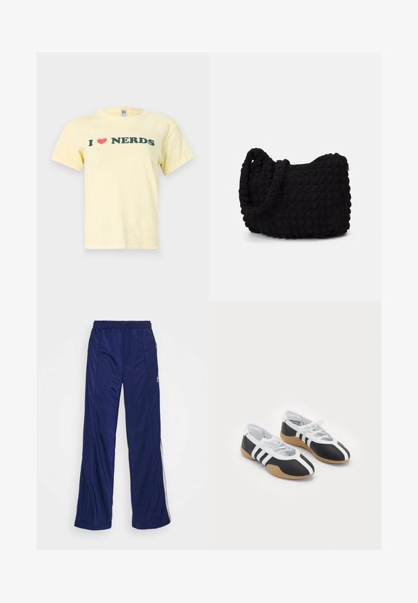 BDG Urban Outfitters BABY TEE - Marškinėliai su spaudiniu - yellow; Jūrų karinių sportinių kelnių su elastinga juosta, tiesiomis kojomis ir šoniniais užtrauktukais. Savybės - baltos juostos iš šonų. Lygus audinio paviršius.; Juodos ir baltos sportinės bateliai su šiuolaikišku dizainu, guma padų, raištelių uždarymu ir trim baltom juostom šonuose.; Juodas audinio maišelis su tekstūruota, siuvinėta raštu. Apvalios formos, trumpi, stori rankenėlės ir minkšta, lanksti struktūra.
