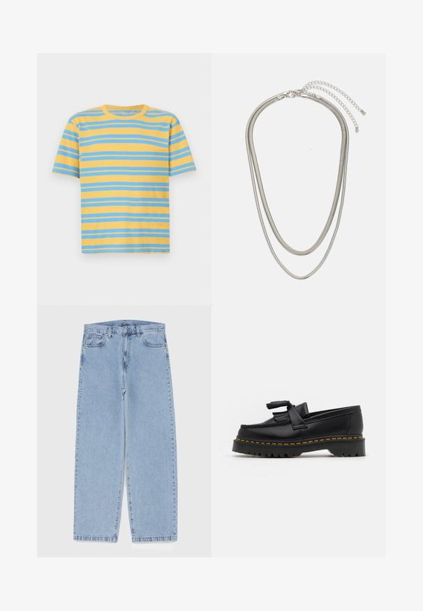 Geltonai ir mėlynai juostuota marškinėlių palaidinė, pagaminta iš medvilnės. Turi klasikinį apvalų iškirpimą, trumpas rankoves ir horizontalias juosteles.; Šviesiai mėlyni džinsai su tiesiomis kojomis, turintys vidutinio aukščio juosmenį, penkias kišenes ir mygtuko bei užtrauktuko uždarymą.; Juodas odinis loaferis su kutais, turintis masyvų juodą pado ir geltonus siūlus palei kraštą. Textūruota danga.; Trijų sluoksnių sidabrinė metalinė apyrankė, kuri pasižymi stilingomis, lankstosiomis grandinėlėmis su švelniu blizgesiu, užsegama krabų užsegimu ir reguliuojama grandinė.