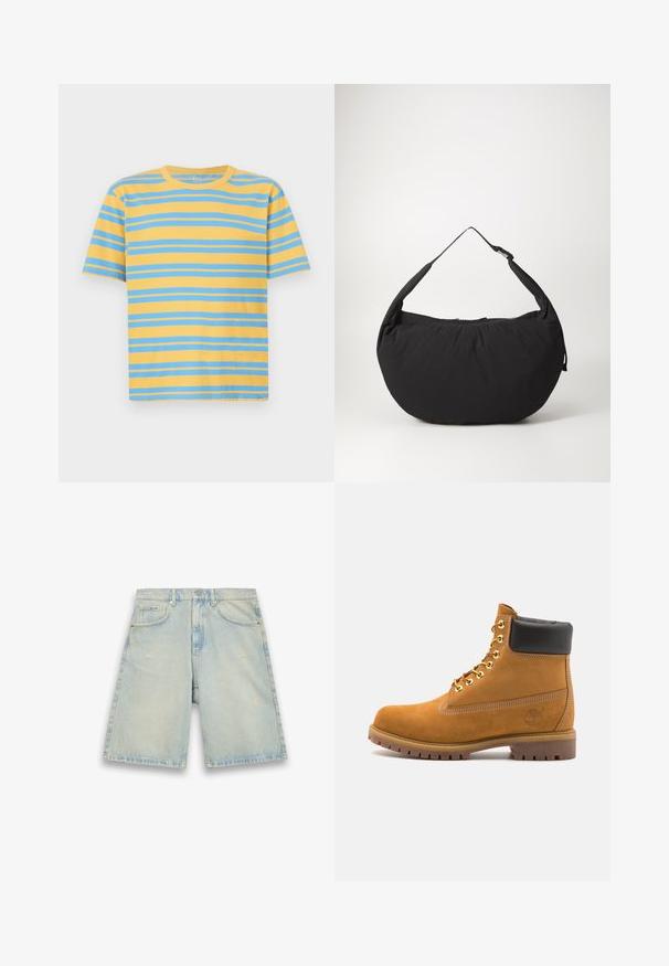 Stripet t-skjorte i gul og blå, laget av bomull. Har en klassisk rund hals, kortermet, og har til og med horisontale striper.; Lys blå denimshorts med løs passform, fem lommer, lett slitasje og synlige sømmer. Har en knapp og glidelås-lukking.; Beige semskede ankelstøvel med svart polstret krage, gullmetalløyer, hvite sømdetaljer og robust gummisåle med påfallende mønster.; Svart stoff skulderveske med en buet form, med en enkel stropp og glidelås. Myk tekstur, minimalistisk design.