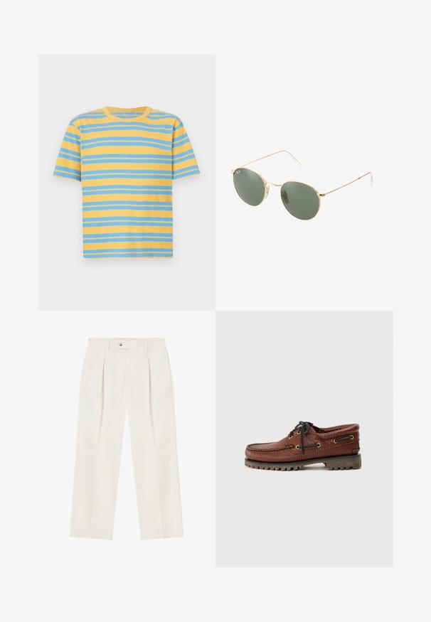 Striped t-shirt in yellow and blue, made from cotton. Features a classic crew neck, short sleeves, and even horizontal stripes.; White, wide-leg trousers with pleats at the front, a single button closure, and side pockets. Smooth texture and tailored design.; Brown leather boat shoe with textured upper, black lace-up closure, and gold eyelets. Features a durable, ridged rubber sole.; Gold metal frame sunglasses with green lenses, round shape, thin temples, and white plastic accents on the tips of the arms.; Silver metal wristwatch with a square case, white dial, Roman numerals, and a silver link bracelet. Features a water-resistant design.