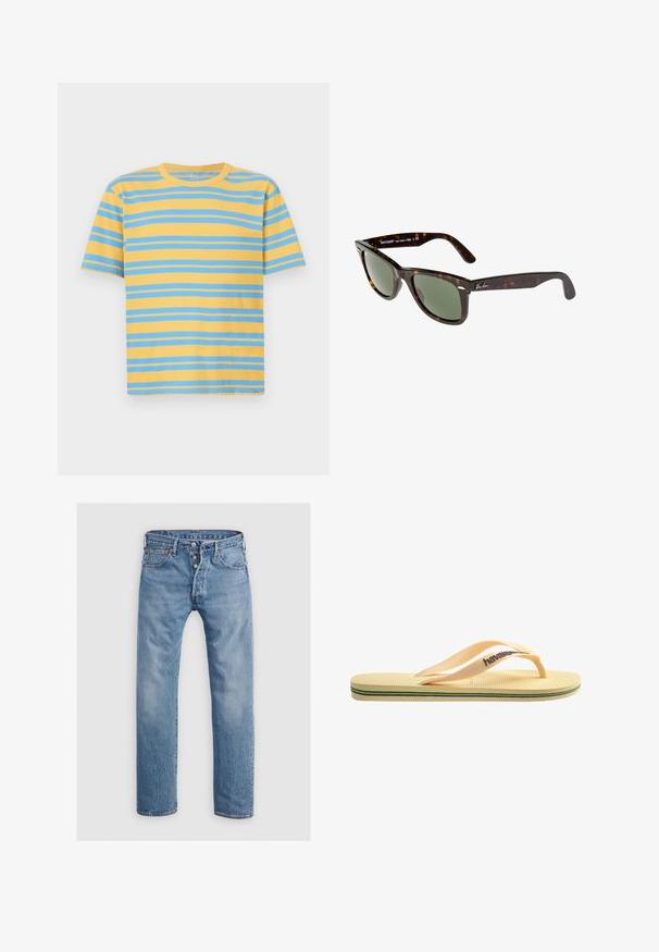 T-shirt às riscas em amarelo e azul, feita de algodão. Apresenta um colarinho redondo clássico, mangas curtas e riscas horizontais.; Calças de ganga de um azul claro com um design de perna reta, cinco bolsos e fecho de botão. Apresentam um ligeiro desbotamento e detalhes com costura.; Chinelo de borracha amarelo com sola texturada, tiras finas e listras multicoloridas ao longo da sola. Logótipo da marca na tira.; Óculos de sol Wayfarer com armação de plástico em padrão tartaruga escura, lentes verdes e logotipo prateado da Ray-Ban na hastes.