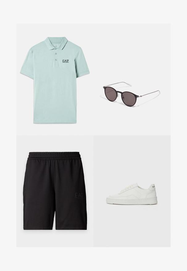 Lys mintgrønn polo skjorte laget av bomull. Har krage med knapper, korte ermer og en svart brodert logo på brystet.; Sorte treningsshorts laget av lett materiale, med elastisk midje og mesh-sidelapper. Merkevarelogo trykt på forsiden.; Hvite lærersneakers med en jevn overflate, rund tå, flate lisser og en teksturert såle. Har en subtil logo på hælen.; Sorte, runde solbriller med mørke linser og slanke metalarmer. Inkluderer klare temple tips og sølvfargede detaljer ved hengslet. Minimalistisk design.
