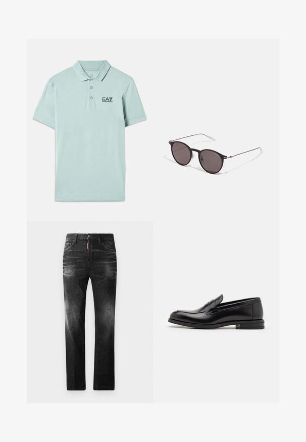 Polo tričko svetlej mäty vyrobené z bavlny. Má gombíkový golier, krátke rukávy a čierny výšivkový logo na hrudi.; Čierne denimové džínsy so štandardným strihom. Obsahujú vyblednuté oblasti, drobné opotrebenie, klasický dizajn s piatimi vreckami a zapínanie na gombík.; Čierne kožené mokasíny s hladkou textúrou, zaoblenou špičkou a dekoračným pásikom cez priehlavok. Nízky vrstvený opätok, minimalistický dizajn.; Čierne okrúhle slnečné okuliare s tmavými sklami a tenkými kovovými ramenami. Obsahujú priehľadné konce rámov a strieborné akcenty na pántoch. Minimalistický dizajn.