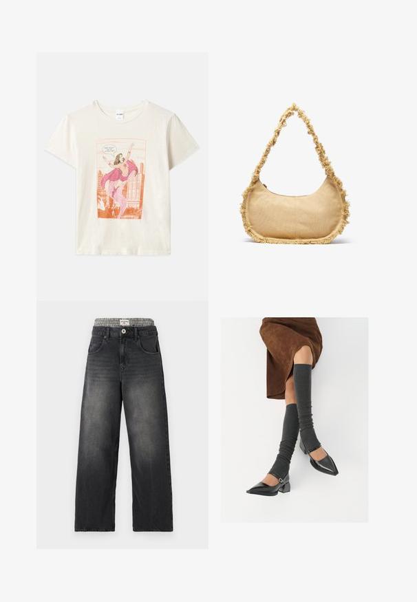Krémové bavlněné tričko s komiksovým motivem ženy v růžovém kostýmu s pláštěm, obklopené pozadím městské panorama.; Černé džíny s širokými nohavicemi a pasem s kostkovaným vzorem. Obsahují přední kapsy a zapínání na knoflík. Ošuntělá textura.; Černé lakované boty s špičatou špičkou, blokovým podpatkem a kotníkovým páskem, spárované s šedými žebrovanými návleky na nohy a hnědskou sukní z semiše.; Texturovaná béžová taška zaobleného tvaru se třepeným lemem podél okrajů a krátkým popruhem na nošení. Zipové otevírání nahoře.