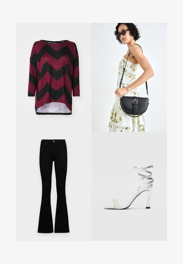 Red and black chevron-patterned oversized shirt with a boat neckline, three-quarter sleeves, and a high-low hem design. Soft knit fabric.; Black high-waist jeans with a button and zip closure, front pockets, and flared legs laid flat on a white background.; Silver high-heeled sandal with a shiny strap design, featuring a pearl-like accent and a spiraled ankle strap for secure fit.; Black leather handbag with a curved shape, detachable strap, and gold hardware. The bag features a flap with a buckle detail.